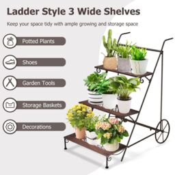 Costway 3-Tier Metal Plant Stand Ladder Shaped Flower Pot Holder Storage Rack w/ Wheels - thumbnail 3