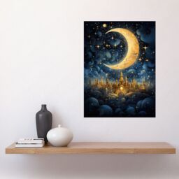 "Artery8 Wall Art Print Golden City in the Clouds Surreal Artwork Blue Gold Crescent Moon Starry Night Fairytale Poster in Black - Size: W24"" x H32""" - thumbnail 2