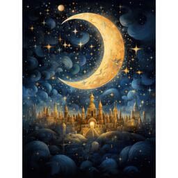 "Artery8 Wall Art Print Golden City in the Clouds Surreal Artwork Blue Gold Crescent Moon Starry Night Fairytale Poster in Black - Size: W24"" x H32""" - thumbnail 1
