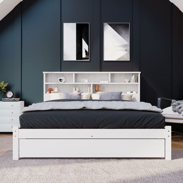 Matteo Bed with Shelves, White Wooden Storage Bed - Size: Double - image 1