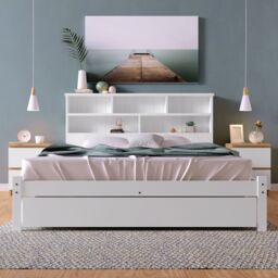 Matteo Bed with Shelves, White Wooden Storage Bed - Size: Double - thumbnail 8