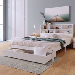 Matteo Bed with Shelves, White Wooden Storage Bed - Size: Double - thumbnail 7