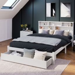 Matteo Bed with Shelves, White Wooden Storage Bed - Size: Double - thumbnail 2