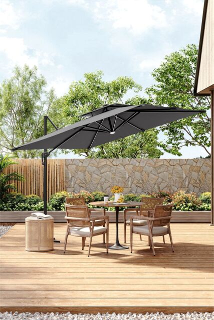 Living and Home 3m Large Square Cantilever Garden Parasol with LED Light in Grey