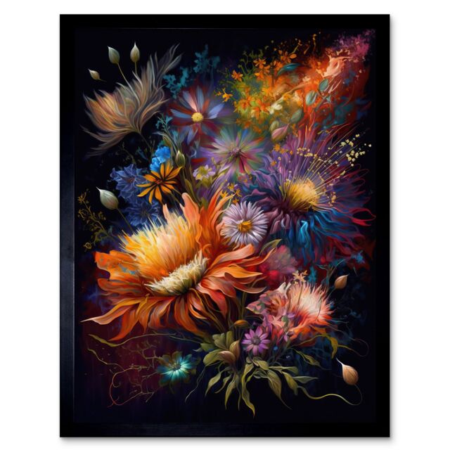 "Artery8 Wall Art Print Wildflower Bouquet Pink Blue Orange Floral Art Framed in Black - Size: W12"" x H16""" - image 1