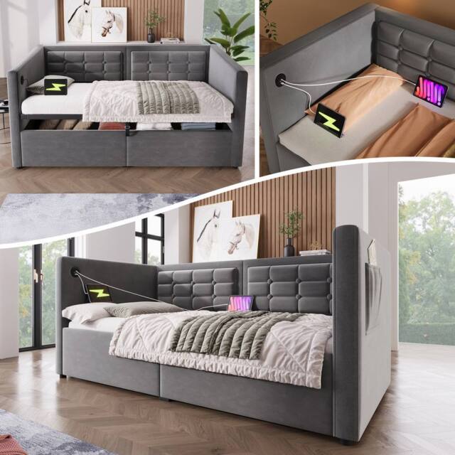 ModernLuxe Upholstered ottoman daybed with USB-C for children in Grey - Size: Single - image 1