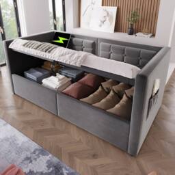 ModernLuxe Upholstered ottoman daybed with USB-C for children in Grey - Size: Single - thumbnail 9
