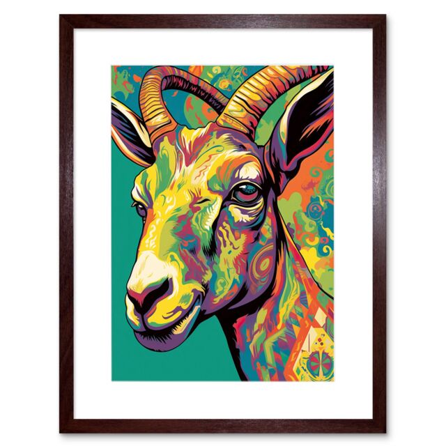 "Artery8 Wall Art Print The Trippy Goat Psychedelic Portrait Vibrant Colourful Patterns Modern Pop Artwork Framed 9X7 Inch in Brown - Size: W7"" x H9""" - image 1