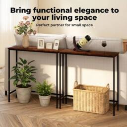 Kelvenix Consola Narrow Console Table Slim Sofa Table Display Shelf Wood Steel in Brown - Size: 100 cm x 100 cm - thumbnail 3