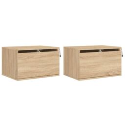 Berkfield Home Wall-mounted Bedside Cabinets with LED Lights 2 pcs Sonoma Oak in Brown - thumbnail 2