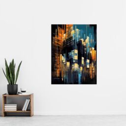 "Artery8 Downtown Motown Skyscraper Architectural Blue Orange Painting Modern New York Extra Large XL Wall Art Poster Print - Size: W24"" x H32""" - thumbnail 4