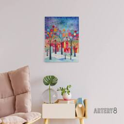 "Artery8 Winter Abstract Village Folk Art Canvas Wall Art Print - Size: W18"" x H24""" - thumbnail 3