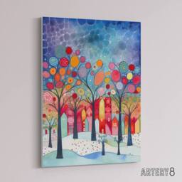 "Artery8 Winter Abstract Village Folk Art Canvas Wall Art Print - Size: W18"" x H24""" - thumbnail 2