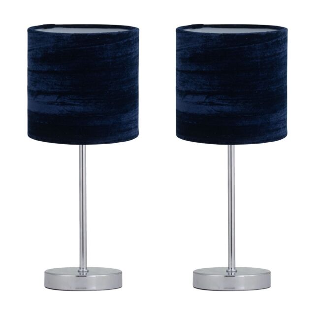 First Choice Lighting Set of 2 Chrome Touch Table Lamp with Navy Blue Crushed Velvet Shades in Silver - image 1