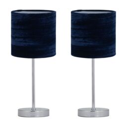 First Choice Lighting Set of 2 Chrome Touch Table Lamp with Navy Blue Crushed Velvet Shades in Silver