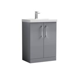 Balterley Bathroom 2 Soft Close Door Floor Vanity Unit Basin, Satin Grey, 600mm in Grey - thumbnail 1
