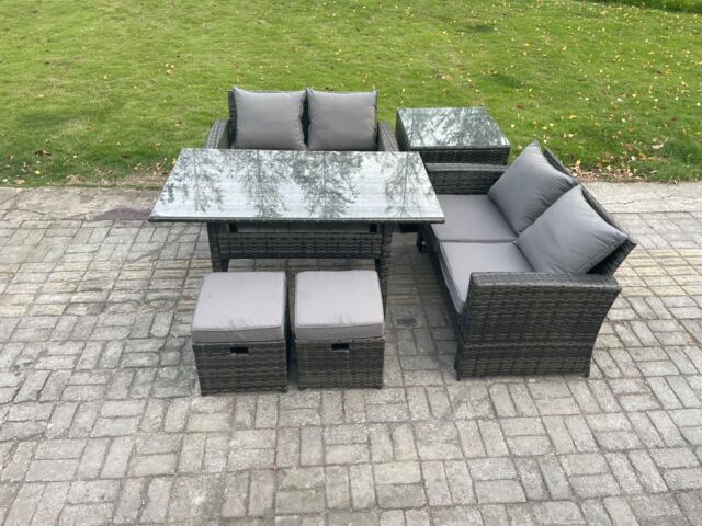 Fimous PE Wicker Rattan Garden Furniture Set Love Sofa Outdoor Rectangular Dining Table 2 Small Footstool Side Table Dark Grey Mixed - image 1