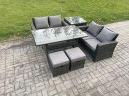 Fimous PE Wicker Rattan Garden Furniture Set Love Sofa Outdoor Rectangular Dining Table 2 Small Footstool Side Table Dark Grey Mixed - thumbnail 2