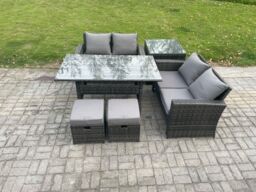 Fimous PE Wicker Rattan Garden Furniture Set Love Sofa Outdoor Rectangular Dining Table 2 Small Footstool Side Table Dark Grey Mixed - thumbnail 1