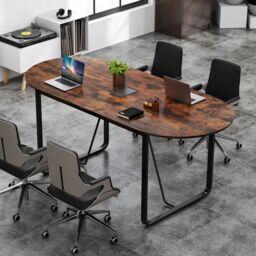 Gymax 180 CM Executive Table Oval Home Office Table With Metal Frame-Brown in Brown - thumbnail 4