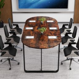 Gymax 180 CM Executive Table Oval Home Office Table With Metal Frame-Brown in Brown - thumbnail 5