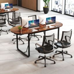 Gymax 180 CM Executive Table Oval Home Office Table With Metal Frame-Brown in Brown - thumbnail 6