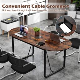 Gymax 180 CM Executive Table Oval Home Office Table With Metal Frame-Brown in Brown - thumbnail 9
