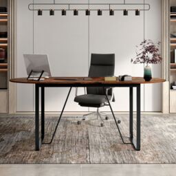 Gymax 180 CM Executive Table Oval Home Office Table With Metal Frame-Brown in Brown - thumbnail 7