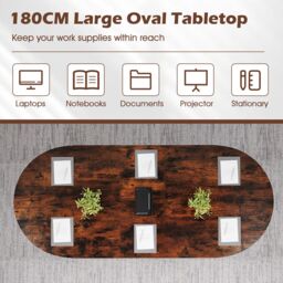 Gymax 180 CM Executive Table Oval Home Office Table With Metal Frame-Brown in Brown - thumbnail 8