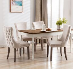 HomeTouch Sierra Set of 2 Lux Dining Chairs Velvet Tufted Wing Back Kitchen Chairs with Oak Wood Legs in Beige - Size: 2 Pack - thumbnail 2