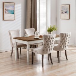 HomeTouch Sierra Set of 2 Lux Dining Chairs Velvet Tufted Wing Back Kitchen Chairs with Oak Wood Legs in Beige - Size: 2 Pack - thumbnail 4