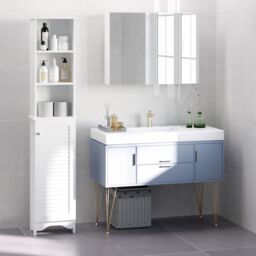 HOMCOM Tall Cabinet Storage Cupboard Floor Standing Bathroom Furniture in White - thumbnail 1
