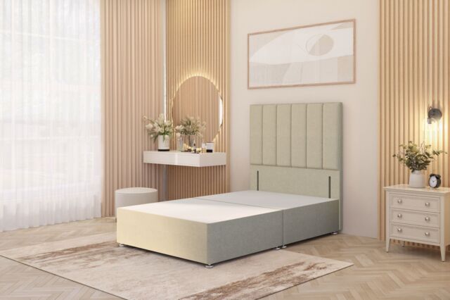 "Somnior Austin Divan Bed Base & 54"" Floor Standing Headboard Linen Fabric in Beige - Size: Small Single" - image 1