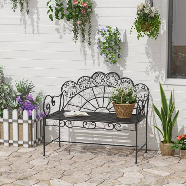OUTSUNNY Garden Bench, Metal Outdoor Patio Garden Loveseat, Black - Size: 2 Seater - image 1