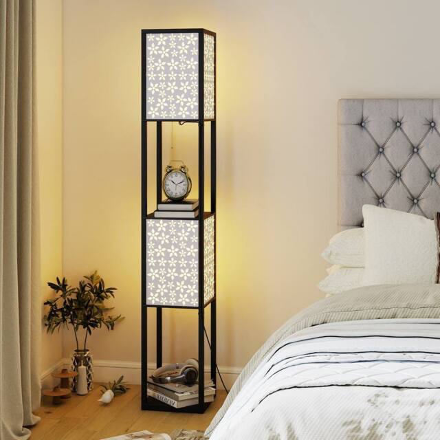Costway 2-Light Floor Lamp Freestanding Display Light with Shelves in Brown - image 1