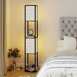 Costway 2-Light Floor Lamp Freestanding Display Light with Shelves in Brown