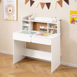Gymax Study Desk Writing Table With Storage Shelves Kids Desk With 2 Drawers in White - thumbnail 4