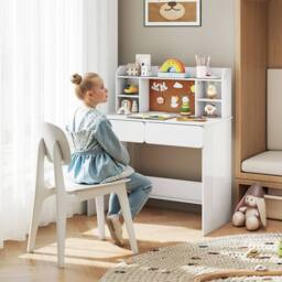 Gymax Study Desk Writing Table With Storage Shelves Kids Desk With 2 Drawers in White - thumbnail 3