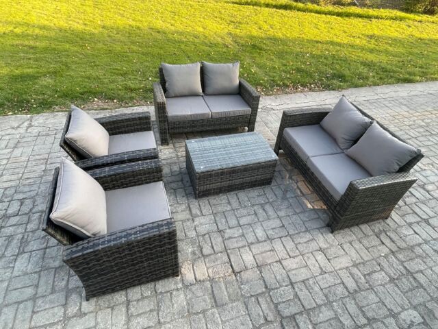 Fimous Garden Furniture Sets 5 Pieces Outdoor Rattan Furniture Manual Wicker Patio Sofa Chair Set with Coffee Table in Dark Grey