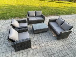Fimous Garden Furniture Sets 5 Pieces Outdoor Rattan Furniture Manual Wicker Patio Sofa Chair Set with Coffee Table in Dark Grey - thumbnail 1