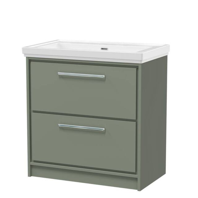 Balterley Floor Standing 2-Drawer Bathroom Vanity, Fireclay Basin, Green, 800mm in Green - image 1