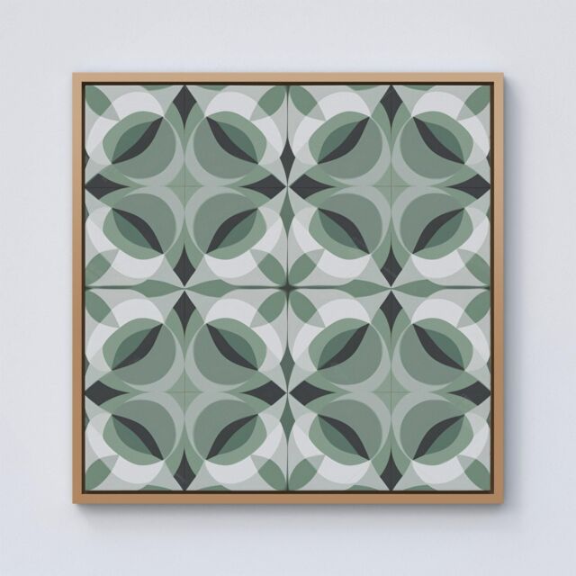 "Warren Reed - Designer Geometric Green Grey Framed Canvas in Light Brown - Size: W30"" x H30""" - image 1