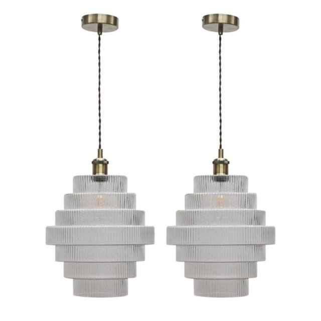 First Choice Lighting Set of 2 Benson - 7 Tier Glass & Antique Brass Ceiling Pendant Lights in Clear - image 1