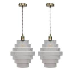 First Choice Lighting Set of 2 Benson - 7 Tier Glass & Antique Brass Ceiling Pendant Lights in Clear - thumbnail 1