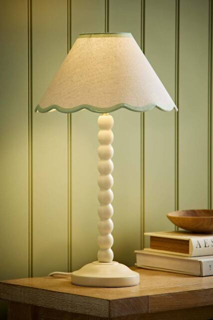 ValueLights Bobbin Colour Trim Linen Shade Cream Bobble Table Lamp in Pale Green - image 1