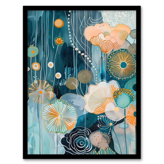 Artery8 Abstract Ocean Flower Garden Artwork Floral Sea Framed Art Print in Blue - Size: A4 - image 1