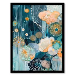 Artery8 Abstract Ocean Flower Garden Artwork Floral Sea Framed Art Print in Blue - Size: A4 - thumbnail 1