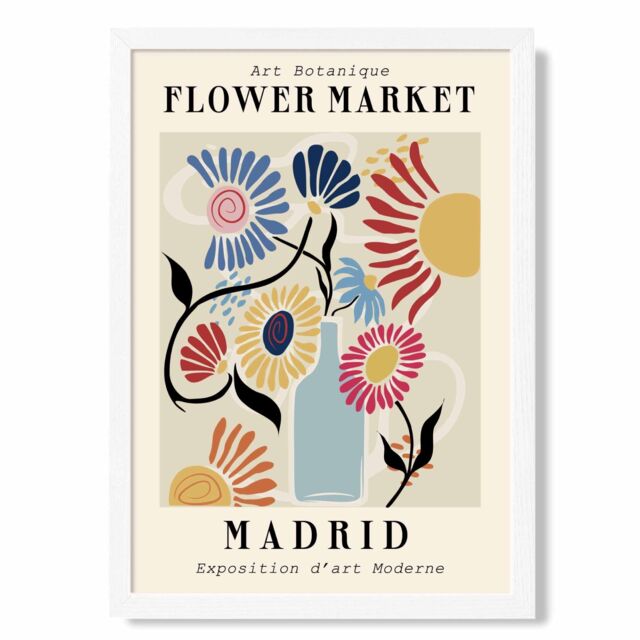 ARTZE Madrid Blue & Pink Flower Market Exhibition Framed Print SIZE: A4 with White Frame in Mid Blue - Size: A3 - image 1