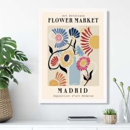 ARTZE Madrid Blue & Pink Flower Market Exhibition Framed Print SIZE: A4 with White Frame in Mid Blue - Size: A3 - thumbnail 2