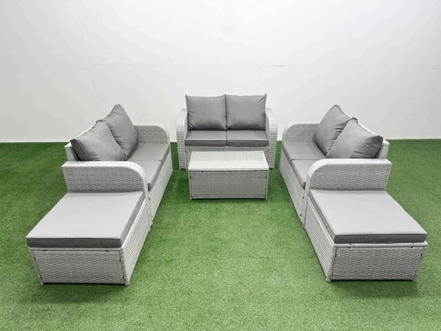 Fimous 8 Seater PE Wicker Rattan Furniture Sofa Sets with Rectangular Coffee Table 2 Seater Love Sofa 2 Big Footstool Light Grey - image 1